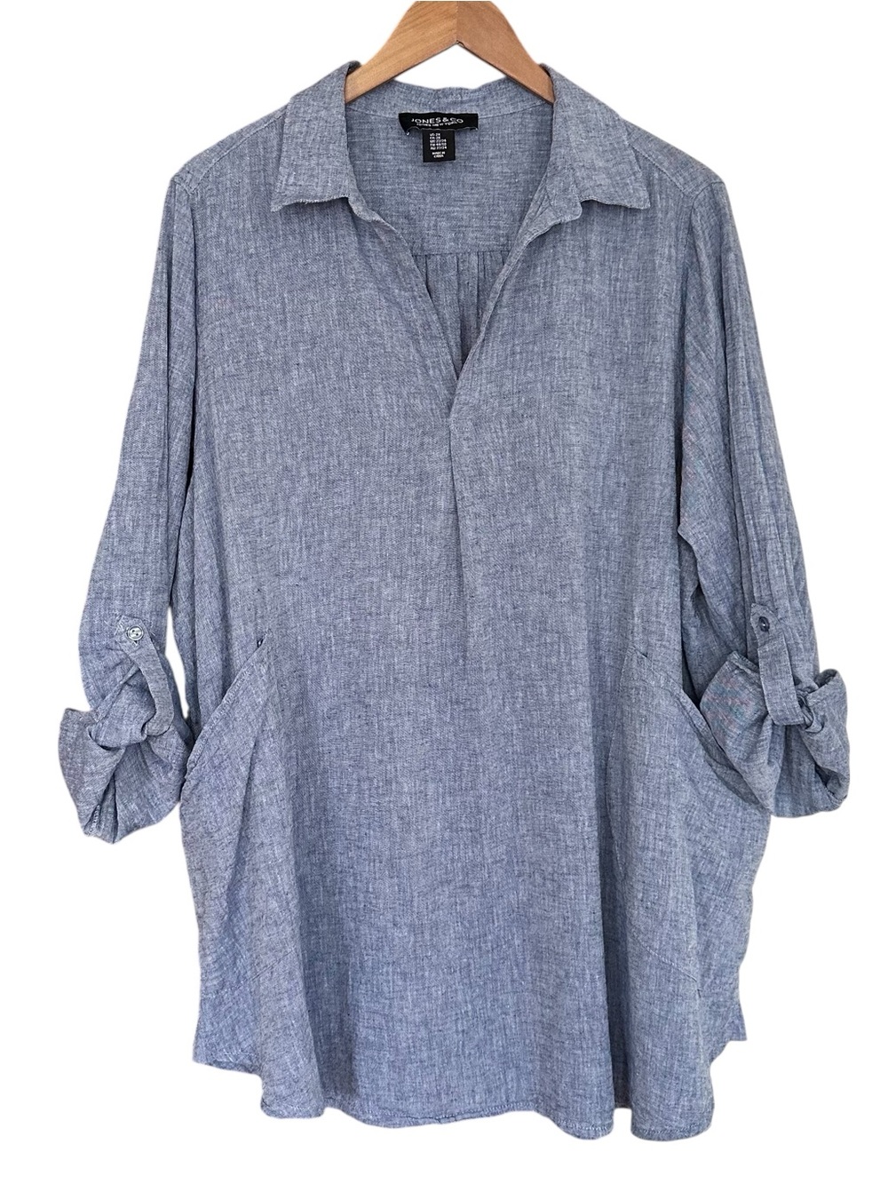 Jones New York Linen Cotton Roll Tab Sleeve V-Neck Popover Top Blue 2X Pockets